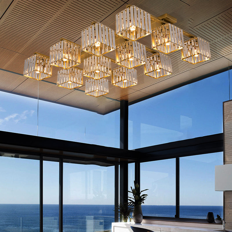 Square Crystal Rod Ceiling Light Fixture - Modern Semi Flush Mount With Tri-Sided Design (4/6/9