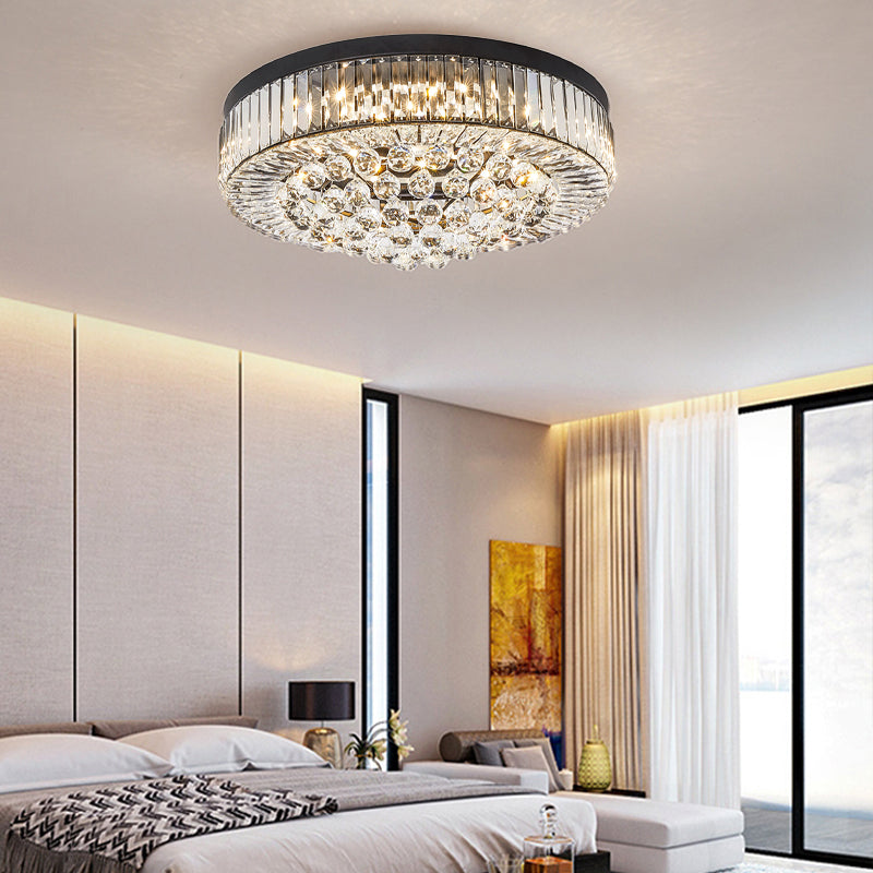 Modern Black Led Crystal Block Drum Ceiling Light Stepless Dimming 3 Color + Remote Control