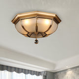 Postmodern Frosted Glass Dome Ceiling Mount Fixture 3/4 Heads Brass Flush Lighting With Crystal Drop