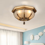 Postmodern Frosted Glass Dome Ceiling Mount Fixture 3/4 Heads Brass Flush Lighting With Crystal Drop
