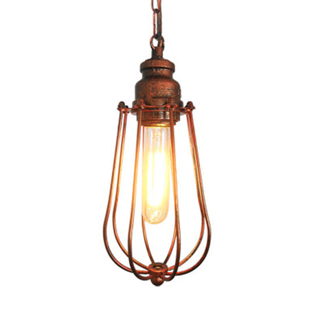 Vintage Black/Rust Pendant Ceiling Lamp With Caged Metal Shade - 1 Light Bedroom Fixture