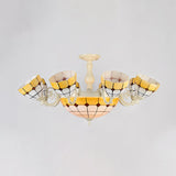 Tiffany Gold/White Stained Glass Semi Flush Mount Ceiling Light - Grid Pattern 11 Heads White