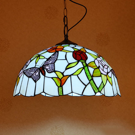 Mediterranean Stained Glass Butterfly Pendant Light Fixture - White/Red White