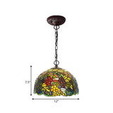 8/12 Dome Green Stained Glass Hanging Light - Mediterranean Style Bronze Accent Pendant