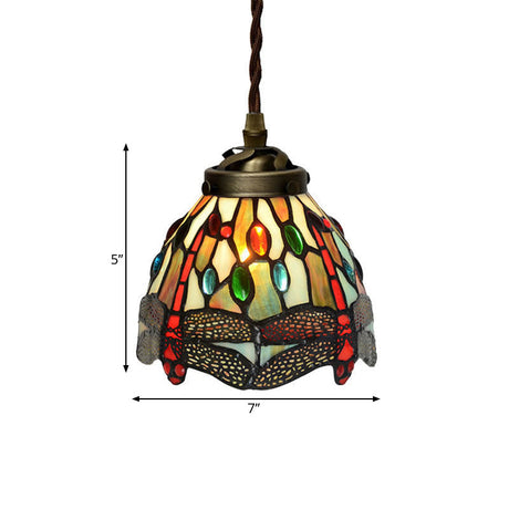 Baroque Dragonfly/Flower Stained Glass Pendant: Red/Green Kitchen Lighting Fixture