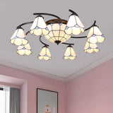Dome/Conical Semi Flush Mount Mediterranean Ceiling Lamp - 11 Lights White/Blue Glass Ideal For