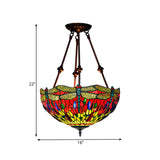 Tiffany Style Dragonfly Semi-Flush Ceiling Light With 2 Red/Orange Cut Glass Lights And Bronze