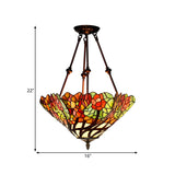 Tiffany Style Flower Cut Glass Semi Mount Ceiling Flush Light - Red/Orange/Blue 2 Lights Bronze