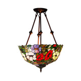 Tiffany Style Flower Cut Glass Semi Mount Ceiling Flush Light - Red/Orange/Blue 2 Lights Bronze