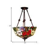 Tiffany Style Flower Cut Glass Semi Mount Ceiling Flush Light - Red/Orange/Blue 2 Lights Bronze