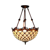 Beige Glass Semi Flush Tiffany Style Ceiling Mount With Beaded Accents - 16/18 Wide 2-Light Fixture