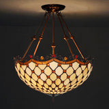 Beige Glass Semi Flush Tiffany Style Ceiling Mount With Beaded Accents - 16/18 Wide 2-Light Fixture