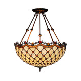 Beige Glass Semi Flush Tiffany Style Ceiling Mount With Beaded Accents - 16/18 Wide 2-Light Fixture