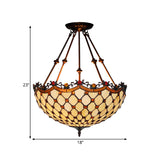 Beige Glass Semi Flush Tiffany Style Ceiling Mount With Beaded Accents - 16/18 Wide 2-Light Fixture