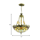 Mediterranean Domed Stained Glass Chandelier: 3/4 Lights Yellow/Blue Kitchen Pendant Light Kit