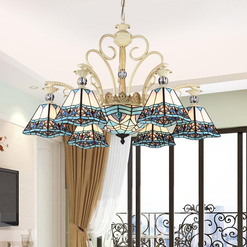Blue Stained Glass Chandelier - 11-Light Pyramid Baroque Ceiling Lamp
