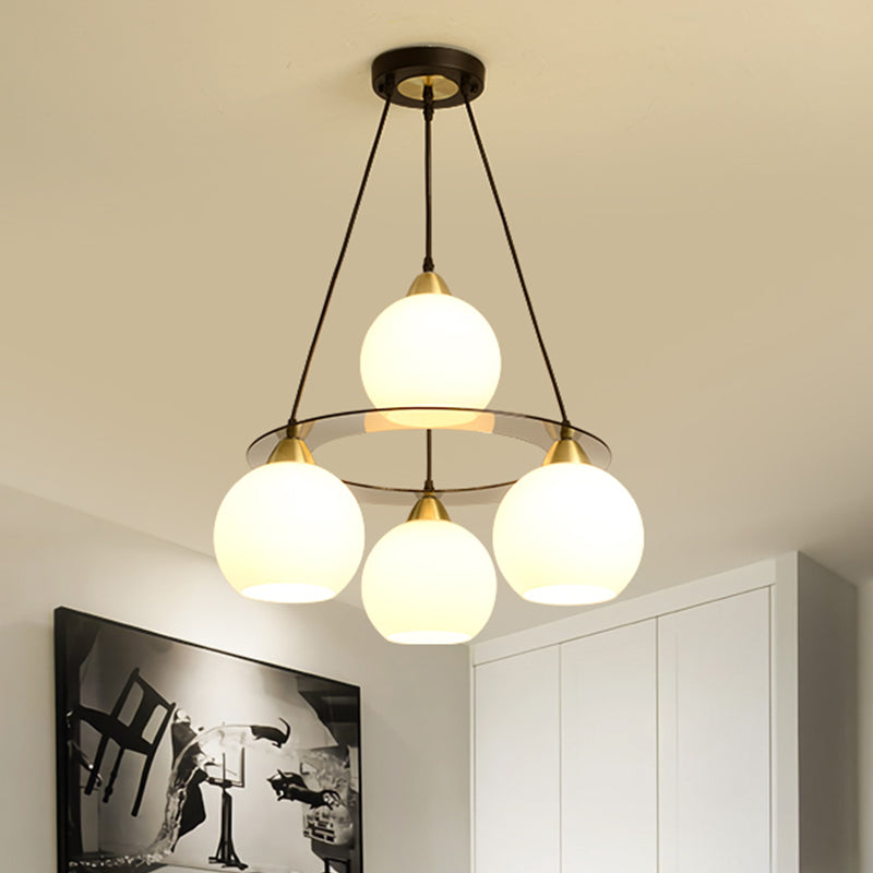 Modern 4-Head Chandelier Light: Black & Gold Spherical Ceiling Lamp With Opal Glass Shade Black-Gold