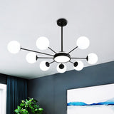 Modern White Glass Round Chandelier With 8 Black Pendant Lights