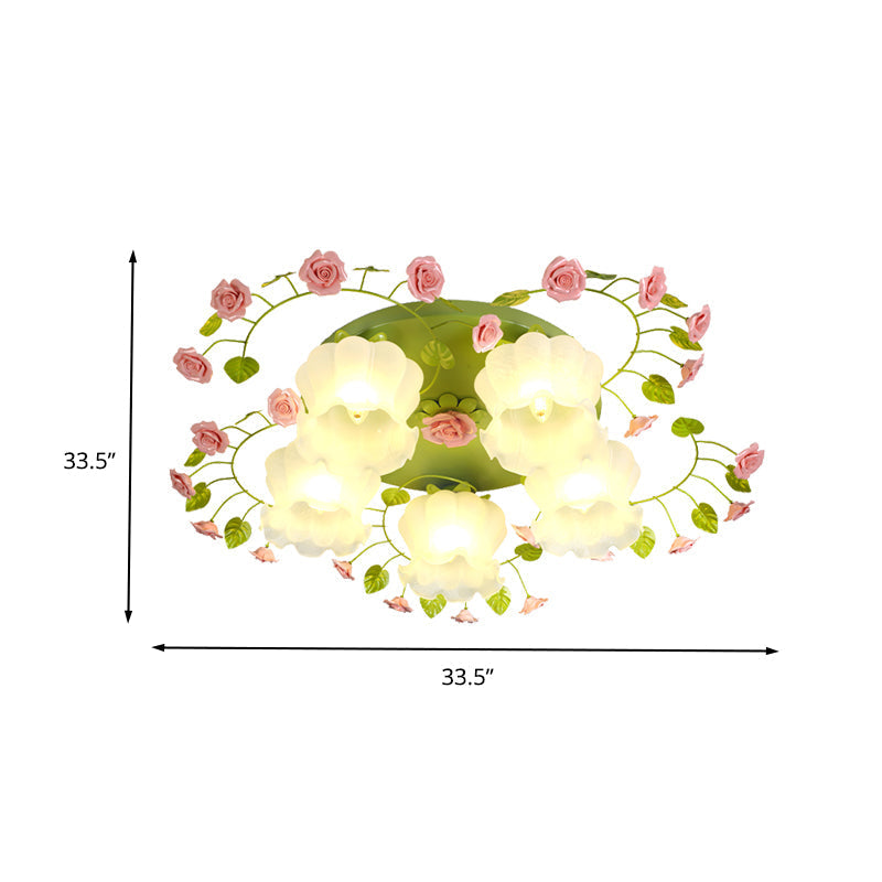 Traditional Green Glass Rose Ceiling Lighting: 5-Head Bedroom Flush Mount Fixture