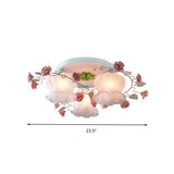 Rose Countryside Pink Ceiling Mount Flush Light Fixture With Mouth Blown Opal Glass For Bedroom -