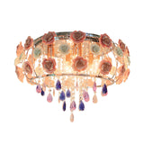 Traditional Crystal Flush Mount Light With Pink Drum Shade - 6/8 Bulbs Bedroom Close To Ceiling Lamp