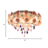 Traditional Crystal Flush Mount Light With Pink Drum Shade - 6/8 Bulbs Bedroom Close To Ceiling Lamp