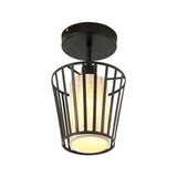 Black Metal Cage Ceiling Flush Mount Lamp With Conical/Cylindrical Shade - Simple Semi-Flushmount