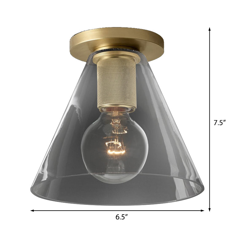 Modern Glass Flush Pendant Ceiling Light In Brass For Balcony - Globe Cone Cylinder Trumpet Shapes