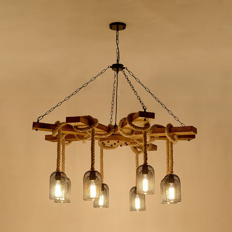 Rustic Caged Pendant Chandelier With Rope - Retro Metal & Wood 3/6/8 Light Ceiling Lamp