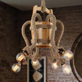 Farmhouse Rope 6-Light Wood Chandelier For Curved Arm Dining Room