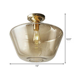 Contemporary Brass Flush Ceiling Fixture With Amber Glass Lampshade