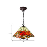 Tiffany-Style Red Stained Glass Floral Chandelier- 3 Lights Bronze Hanging Ceiling Light