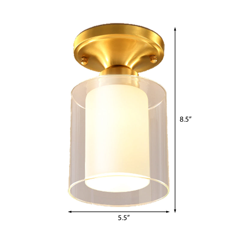 Gold Finish Cylindrical Semi Flush Ceiling Light - Glass Shade Simple 1-Bulb Semi-Flush Mount Ideal
