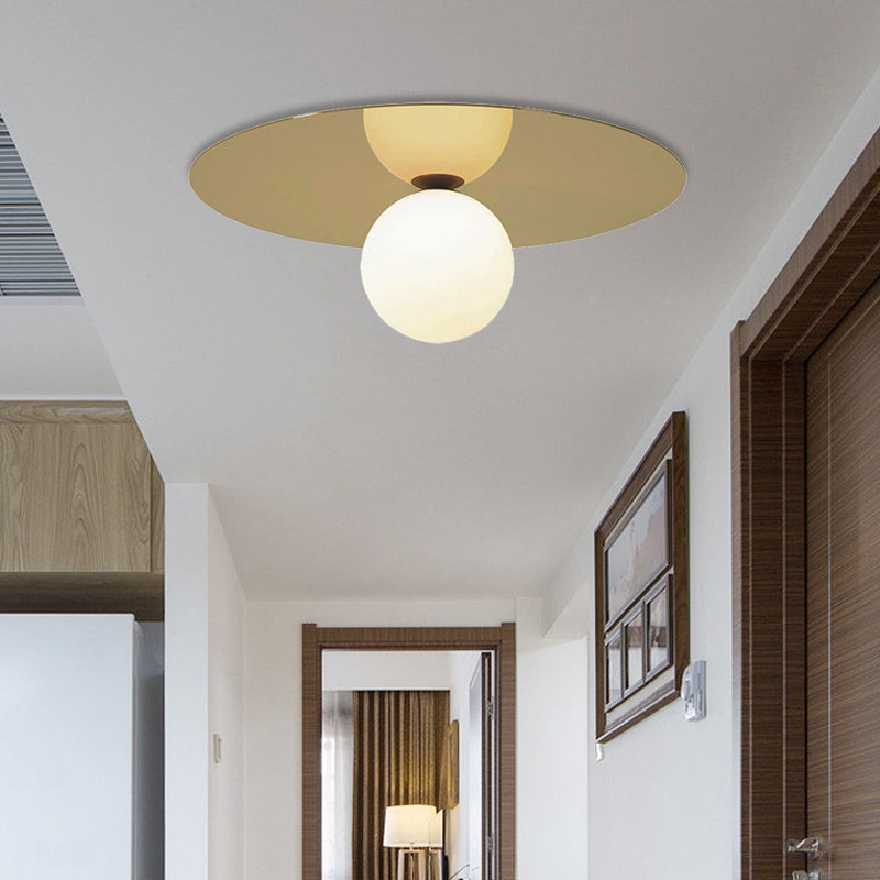 Contemporary 12 Flushmount Ceiling Lamp With Brass Finish Milk Glass Shade & 1 Bulb