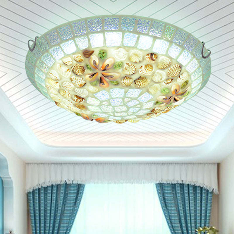Tiffany-Style Led Flush Mount Lamp With Beige Shell Bowl Shade - Bedroom Ceiling Light Fixture
