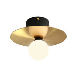 Modern Milk Glass Ceiling Light Fixture With Gold Disk - Contemporary 1-Bulb Lighting For Living