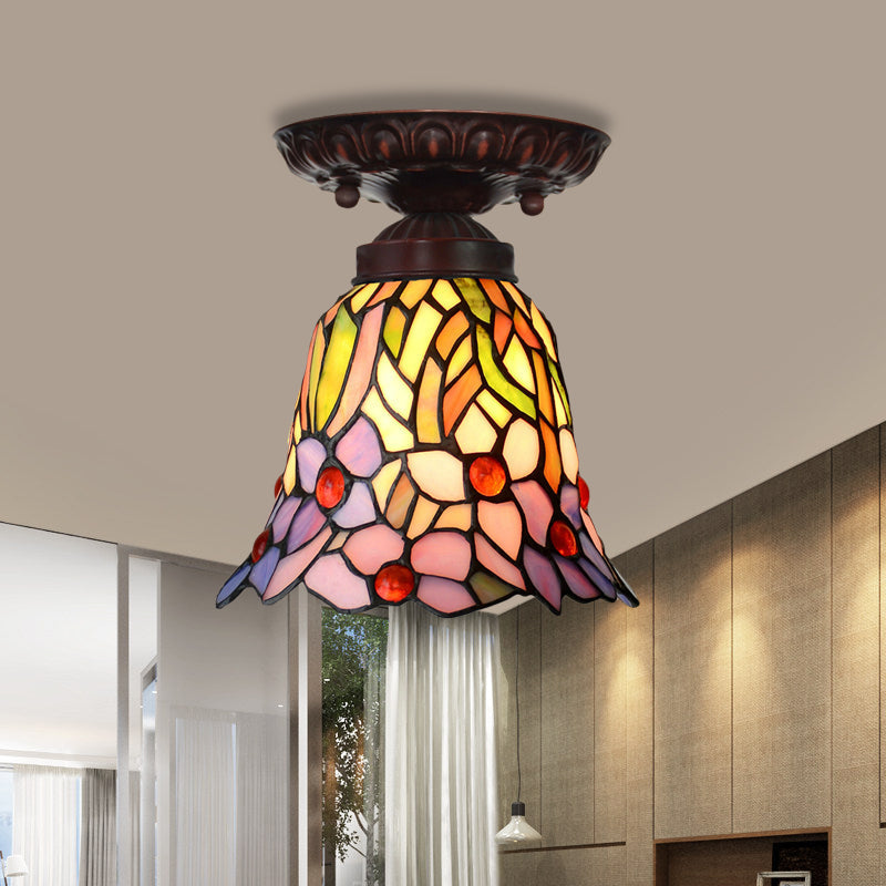 Victorian Bell Flush Mount Ceiling Lamp - Pink/Blue Stained Glass Bedroom Light Fixture With 1