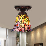 Victorian Bell Flush Mount Ceiling Lamp - Pink/Blue Stained Glass Bedroom Light Fixture With 1