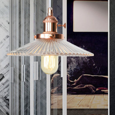 Vintage Stylish Clear Ribbed Glass Saucer Pendant Lighting - 1 Head Ceiling Fixture For Coffee Shop