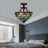 Mediterranean Stained Glass Semi Flush Mount Light - 3 Red/Blue Lights For Living Room Ceiling Blue