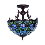 Mediterranean Stained Glass Semi Flush Mount Light - 3 Red/Blue Lights For Living Room Ceiling