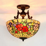 Mediterranean Stained Glass Semi Flush Mount Light - 3 Red/Blue Lights For Living Room Ceiling Red