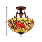 Mediterranean Stained Glass Semi Flush Mount Light - 3 Red/Blue Lights For Living Room Ceiling