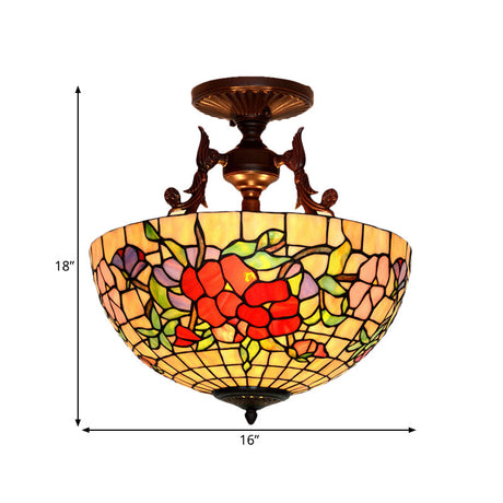 Mediterranean Stained Glass Semi Flush Mount Light - 3 Red/Blue Lights For Living Room Ceiling