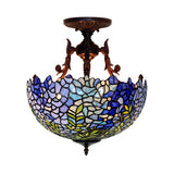 Victorian Blue Domed Semi Mount Ceiling Light Fixture With 3 Stained Glass Lights - Perfect For