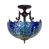 Victorian Blue Domed Semi Mount Ceiling Light Fixture With 3 Stained Glass Lights - Perfect For