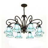 Tiffany Style Blue Glass Cone Chandelier Light Fixture - 5/6/8 Lights Black Elegant Hanging Lamp Kit