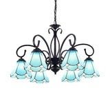 Tiffany Style Blue Glass Cone Chandelier Light Fixture - 5/6/8 Lights Black Elegant Hanging Lamp Kit