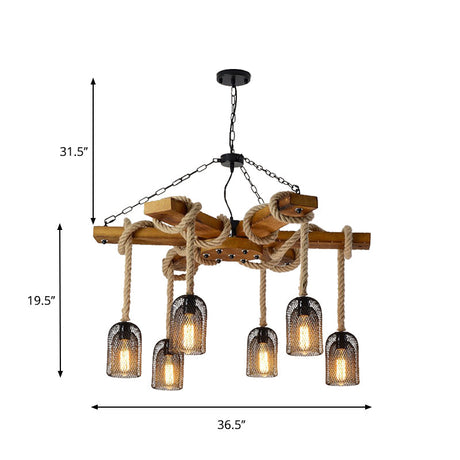 Lodge Style Pendant Light With Wire Mesh Wood And Rope - Brown Base 3/6 Lights