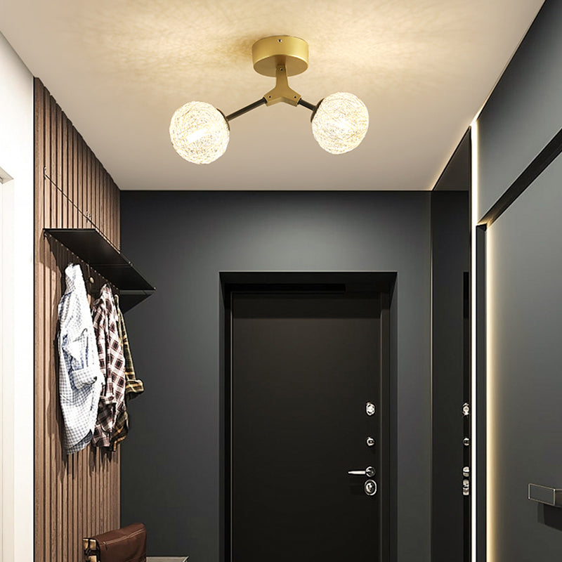 Gold Finish Handwoven Ball Semi Flush Light Fixture - Modern Ceiling Mount / B